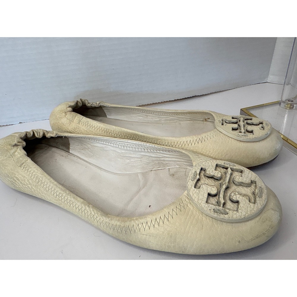 Tory Burch Size 10.5 Reva Ballet Flats Cream Pebbled Leather Logo-see pics